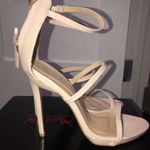 Nude patent leather sandal heels